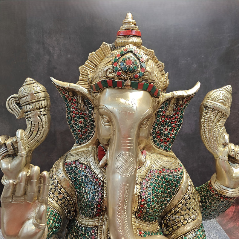 Elegant Brass Ganesha Statue With Stone Work 20 Inches