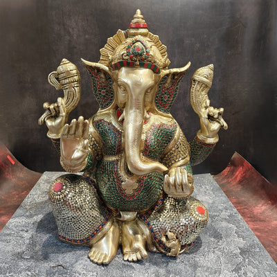 Elegant Brass Ganesha Statue With Stone Work 20 Inches