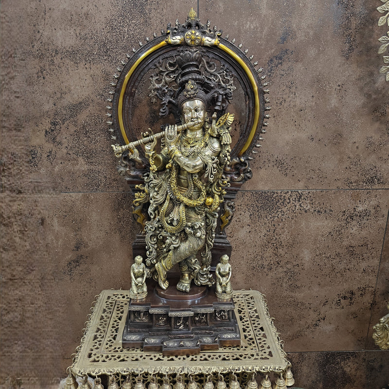 Brass Krishna Statue with Arch Antique Finish 32 Inches