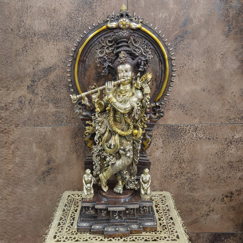 Brass Krishna Statue with Arch Antique Finish 32 Inches