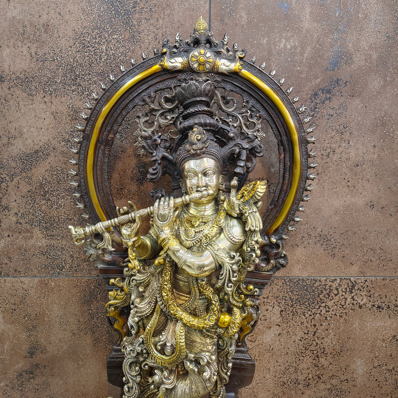 Brass Krishna Statue with Arch Antique Finish 32 Inches