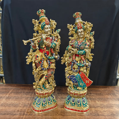 Brass Radha Krishna Idols with Meenakari jewel work - 29" Tall