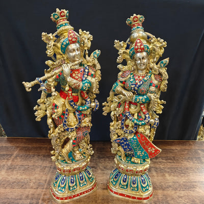 Brass Radha Krishna Idols with Meenakari jewel work - 29" Tall