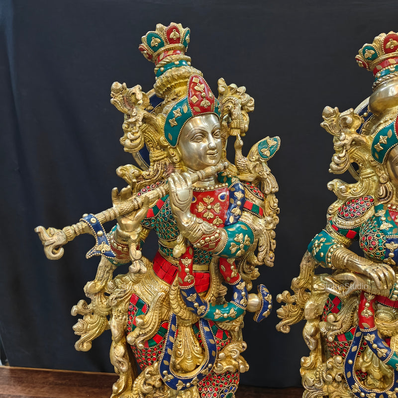 Brass Radha Krishna Idols with Meenakari jewel work - 29" Tall