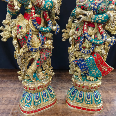 Brass Radha Krishna Idols with Meenakari jewel work - 29" Tall