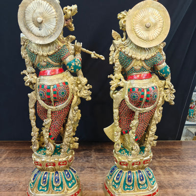 Brass Radha Krishna Idols with Meenakari jewel work - 29" Tall