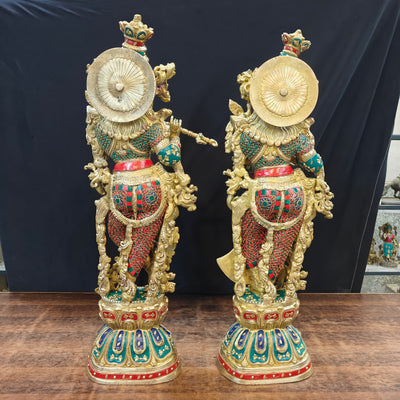 Brass Radha Krishna Idols with Meenakari jewel work - 29" Tall