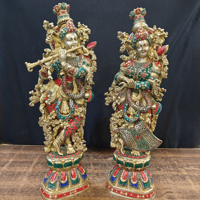 Brass Radha Krishna Idols with Stone Work 29 Inches Tall