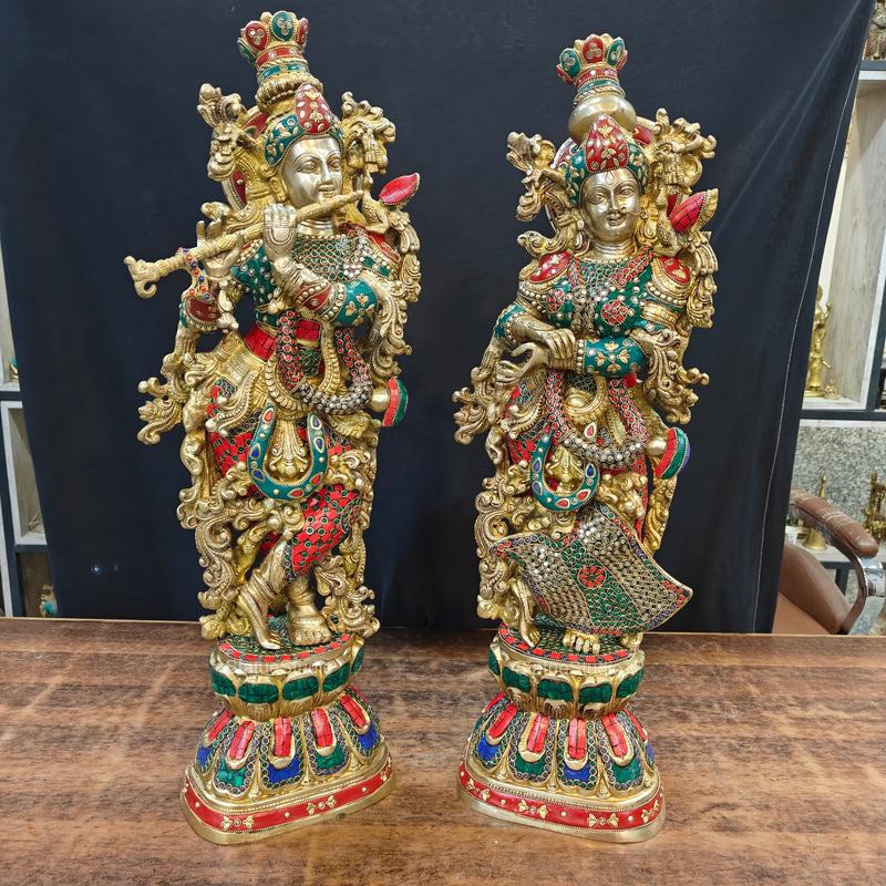 Brass Radha Krishna Idols with Stone Work 29 Inches Tall