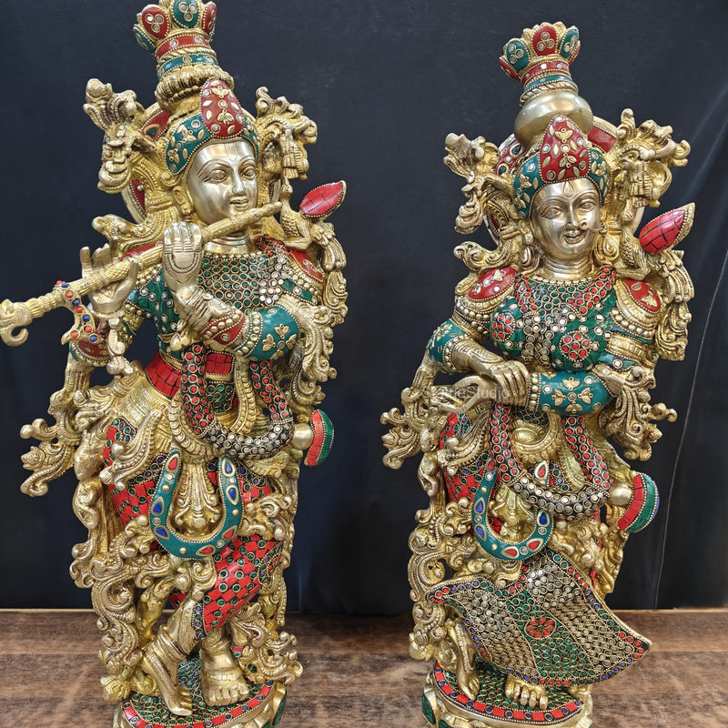 Brass Radha Krishna Idols with Stone Work 29 Inches Tall