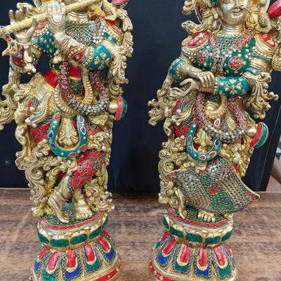 Brass Radha Krishna Idols with Stone Work 29 Inches Tall