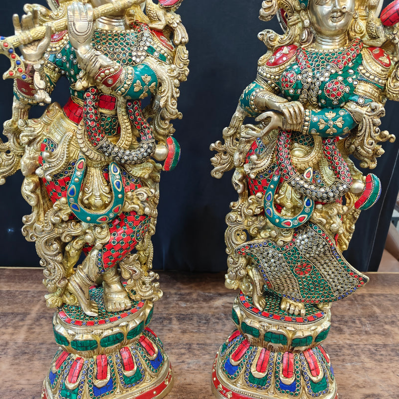 Brass Radha Krishna Idols with Stone Work 29 Inches Tall