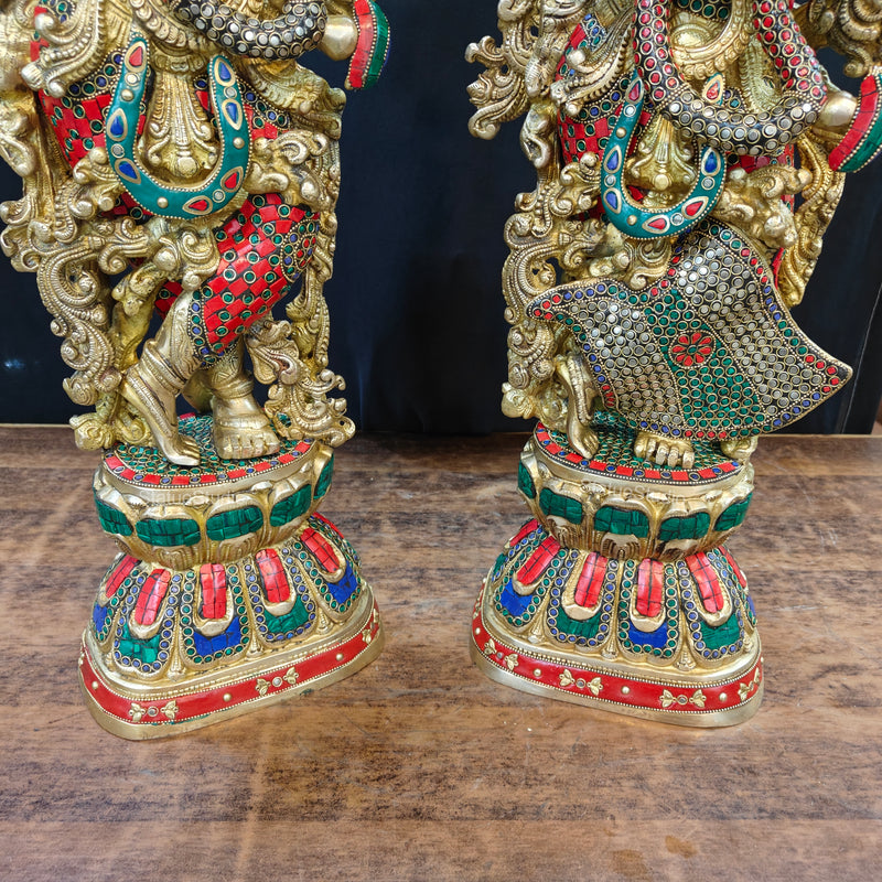 Brass Radha Krishna Idols with Stone Work 29 Inches Tall