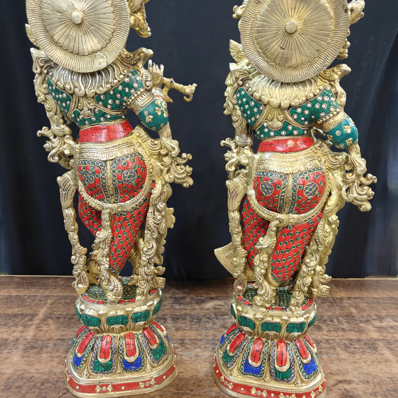 Brass Radha Krishna Idols with Stone Work 29 Inches Tall