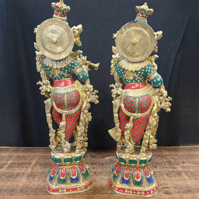 Brass Radha Krishna Idols with Stone Work 29 Inches Tall