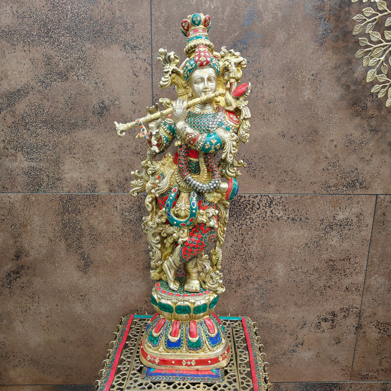 Divine Brass Krishna Statue with Stone Work 29 Inch