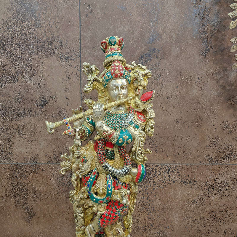 Divine Brass Krishna Statue with Stone Work 29 Inch