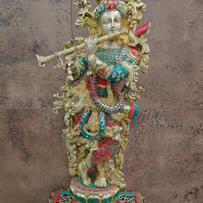 Divine Brass Krishna Statue with Stone Work 29 Inch