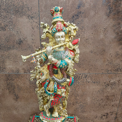 Divine Brass Krishna Statue with Stone Work 29 Inch