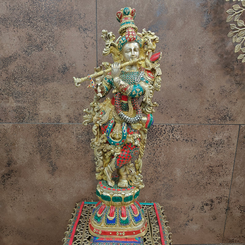 Divine Brass Krishna Statue with Stone Work 29 Inch