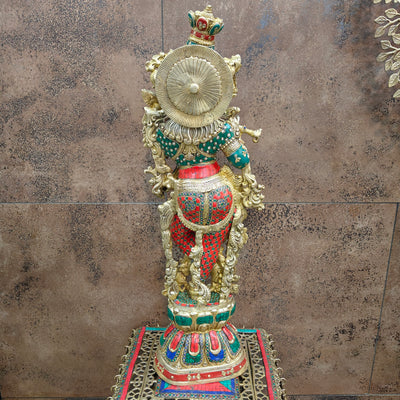 Divine Brass Krishna Statue with Stone Work 29 Inch