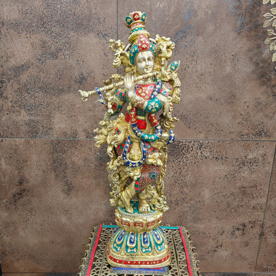 Divine Brass Krishna Statue with Stone Work 29 Inches