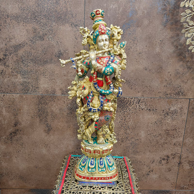 Divine Brass Krishna Statue with Stone Work 29 Inches