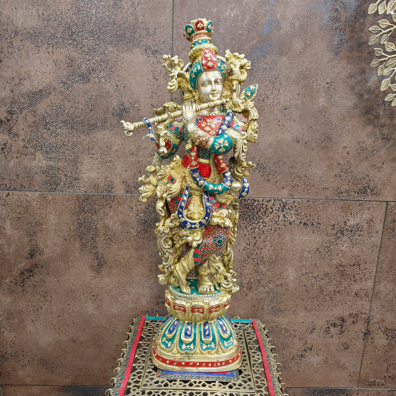 Divine Brass Krishna Statue with Stone Work 29 Inches