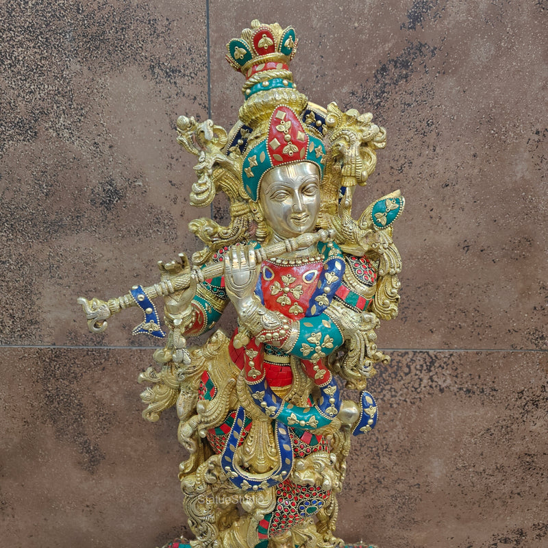 Divine Brass Krishna Statue with Stone Work 29 Inches