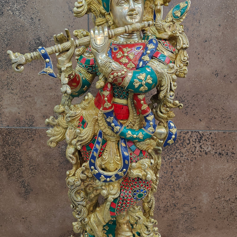 Divine Brass Krishna Statue with Stone Work 29 Inches