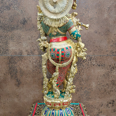 Divine Brass Krishna Statue with Stone Work 29 Inches