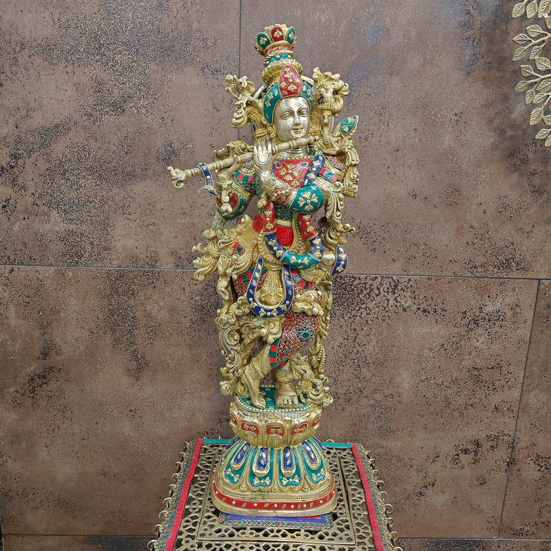 Divine Brass Krishna Statue with Stone Work 29 Inches