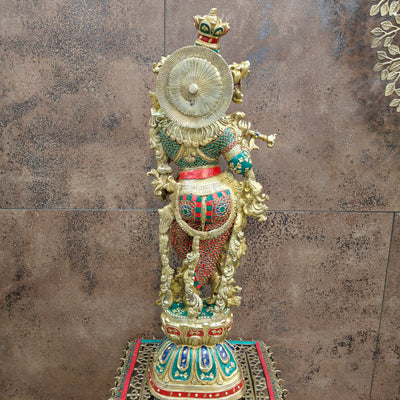 Divine Brass Krishna Statue with Stone Work 29 Inches