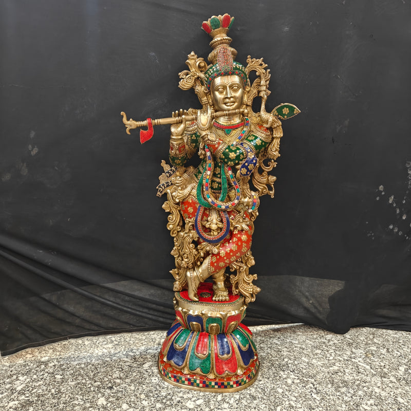 Divine Big Brass Krishna Statue with Stone Work 47 Inch