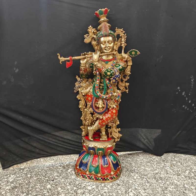 Divine Big Brass Krishna Statue with Stone Work 47 Inch