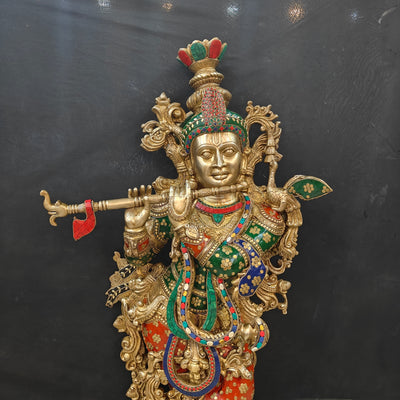 Divine Big Brass Krishna Statue with Stone Work 47 Inch