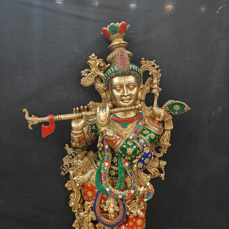 Divine Big Brass Krishna Statue with Stone Work 47 Inch