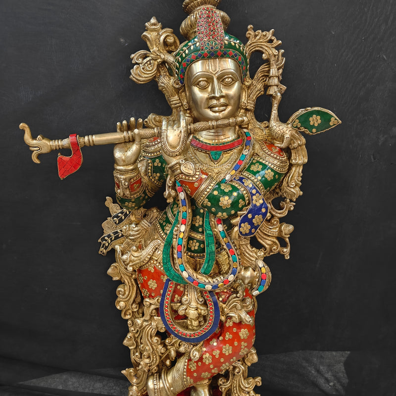 Divine Big Brass Krishna Statue with Stone Work 47 Inch