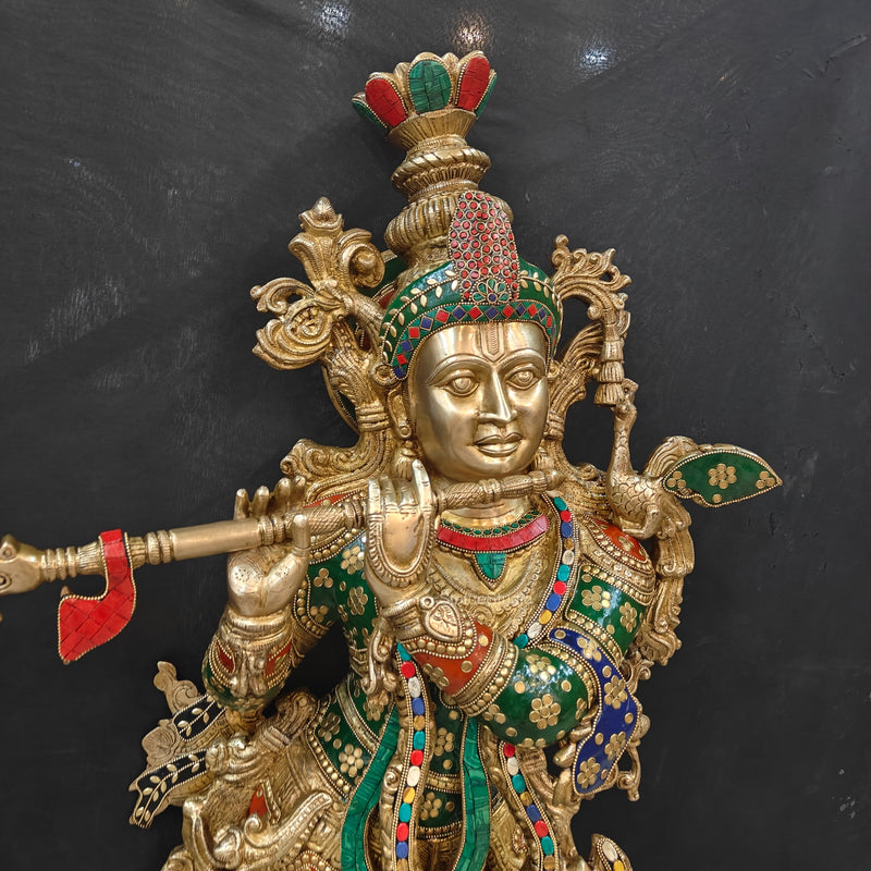 Divine Big Brass Krishna Statue with Stone Work 47 Inch