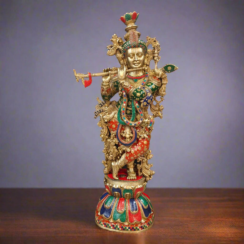 Divine Big Brass Krishna Statue with Stone Work 47 Inch