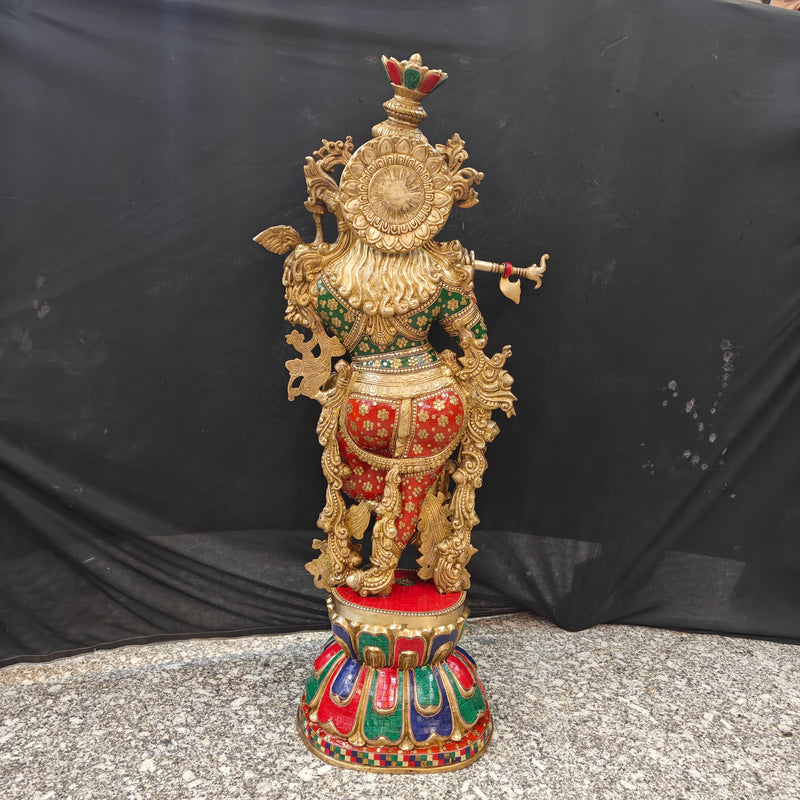 Divine Big Brass Krishna Statue with Stone Work 47 Inch