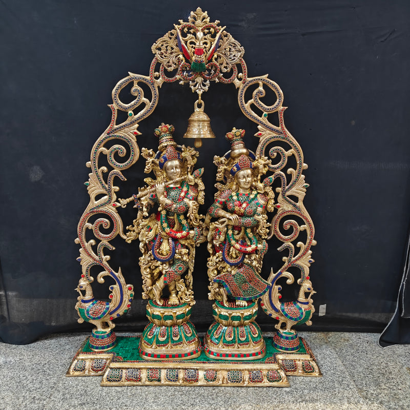 Brass Radha Krishna with Peacock Temple Arch Meenakari Statues 45 Inch