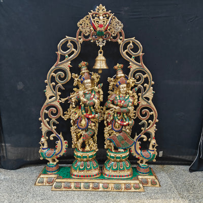 Brass Radha Krishna with Peacock Temple Arch Meenakari Statues 45 Inch