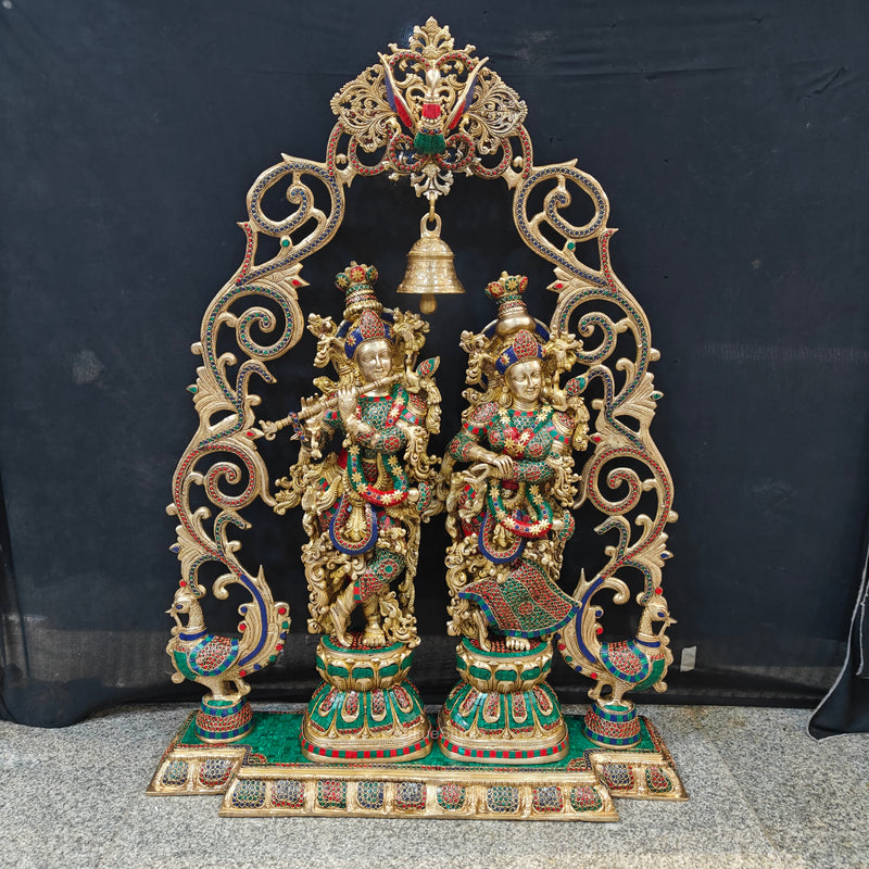 Brass Radha Krishna with Peacock Temple Arch Meenakari Statues 45 Inch