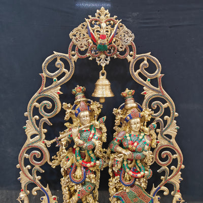 Brass Radha Krishna with Peacock Temple Arch Meenakari Statues 45 Inch