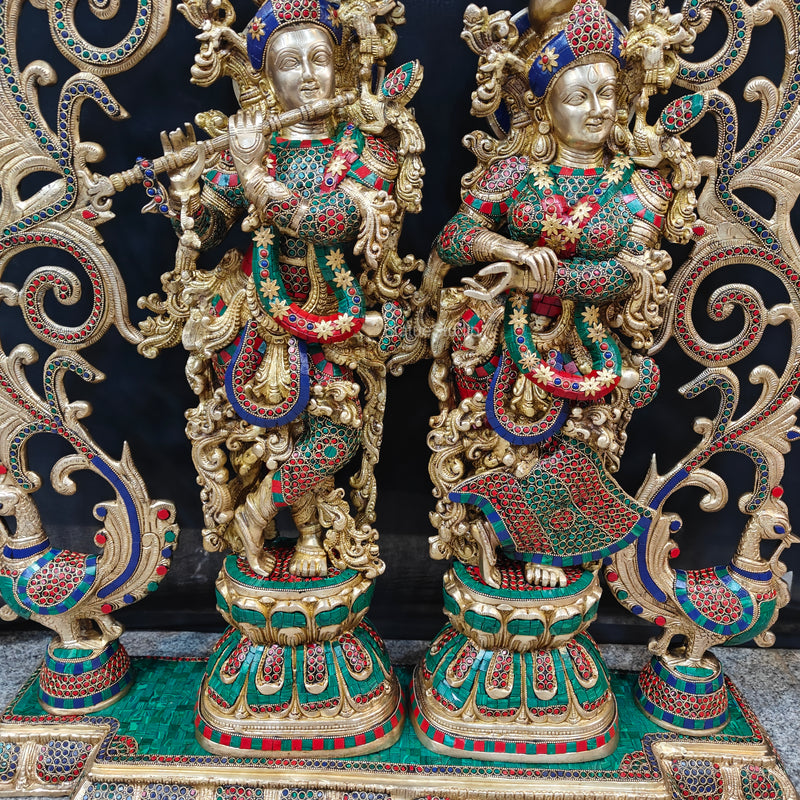 Brass Radha Krishna with Peacock Temple Arch Meenakari Statues 45 Inch