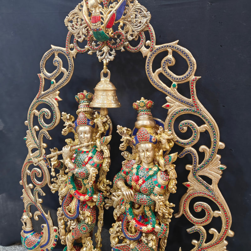 Brass Radha Krishna with Peacock Temple Arch Meenakari Statues 45 Inch