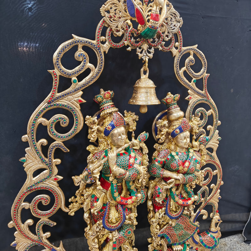 Brass Radha Krishna with Peacock Temple Arch Meenakari Statues 45 Inch