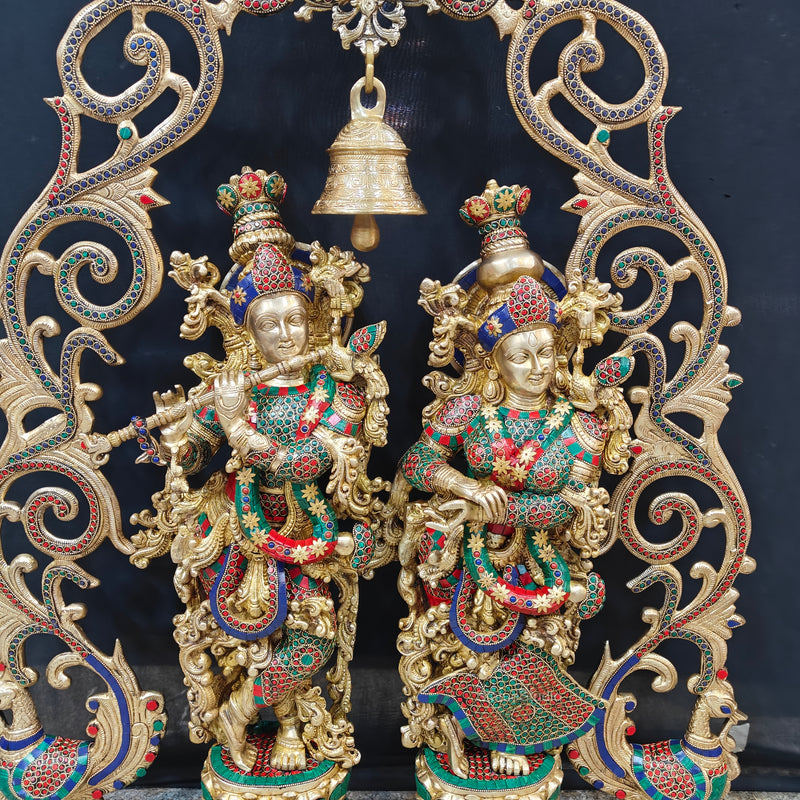 Brass Radha Krishna with Peacock Temple Arch Meenakari Statues 45 Inch