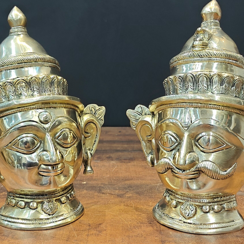 Brass Shiva Parvati Head Pair Statue 8.5 Inch